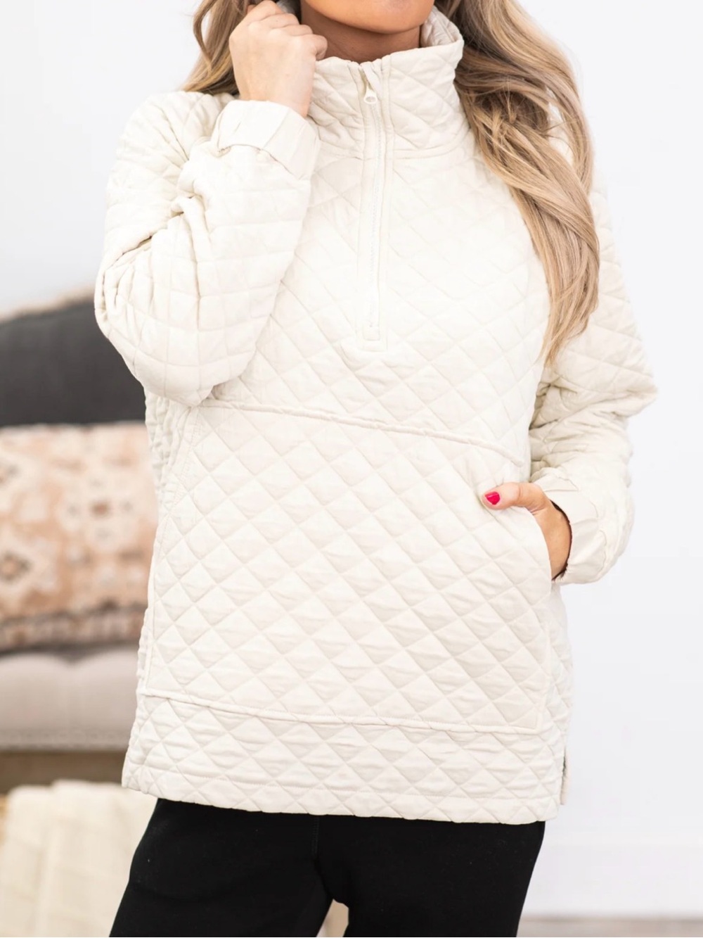 Mono B Cream Quilted Half-Zip Pullover